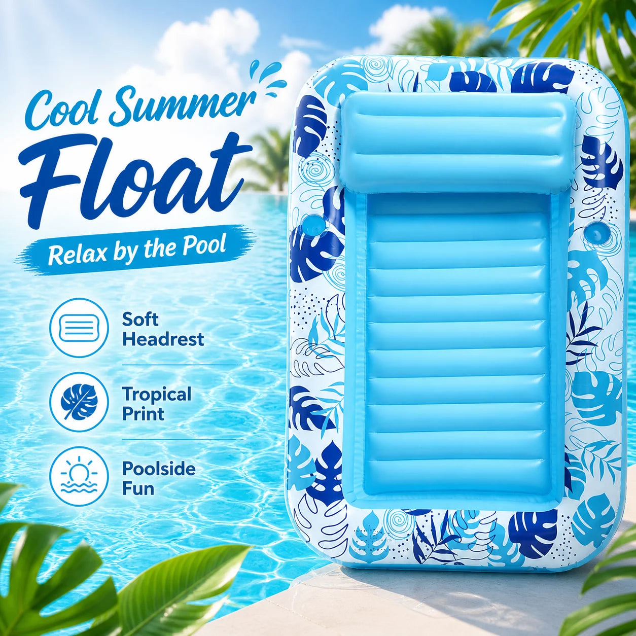 Inflatable Pool Lounger with Backrest & Cup Holders - Summer Float