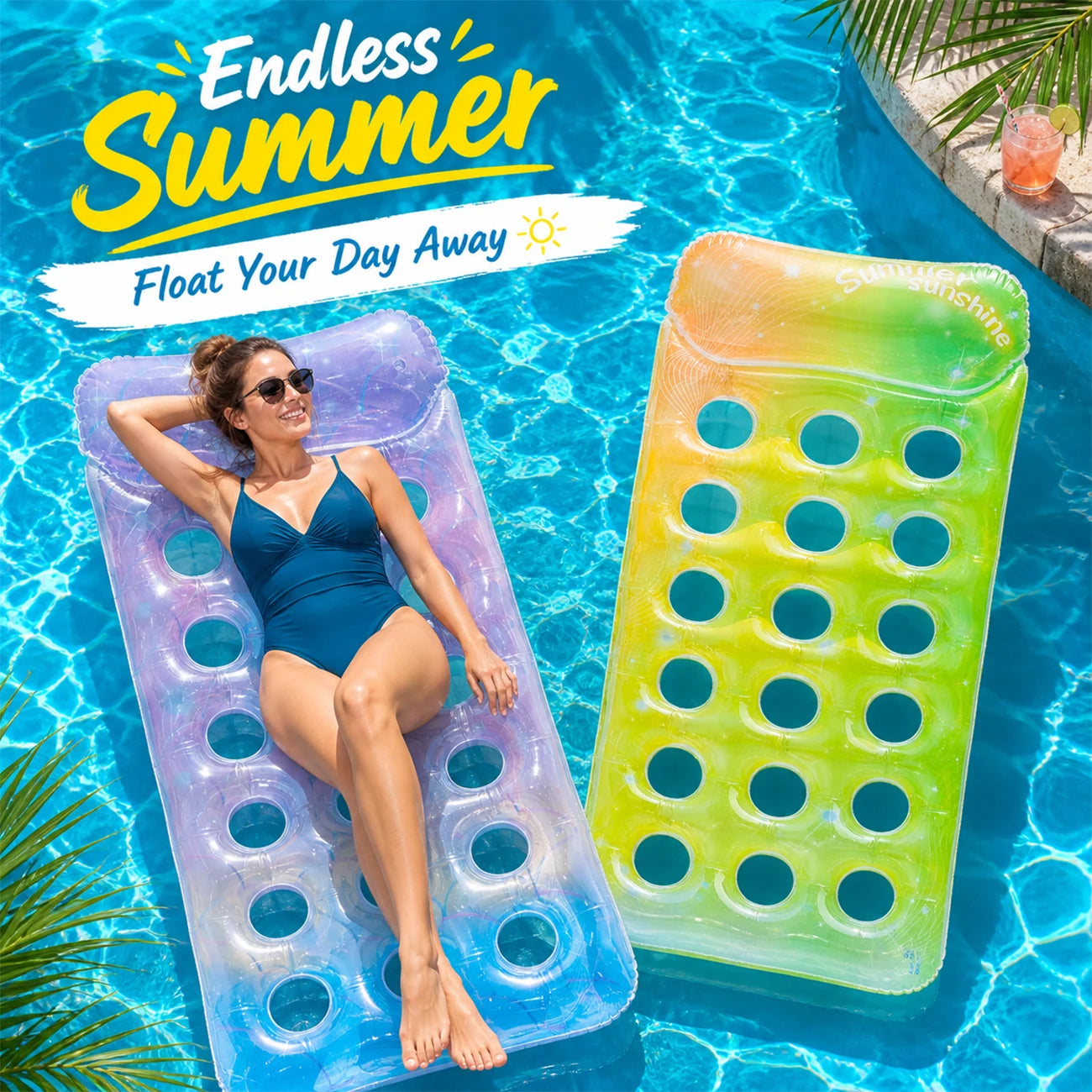 Inflatable Pool Float Lounger - Heavy Duty Adult Mattress with Headrest