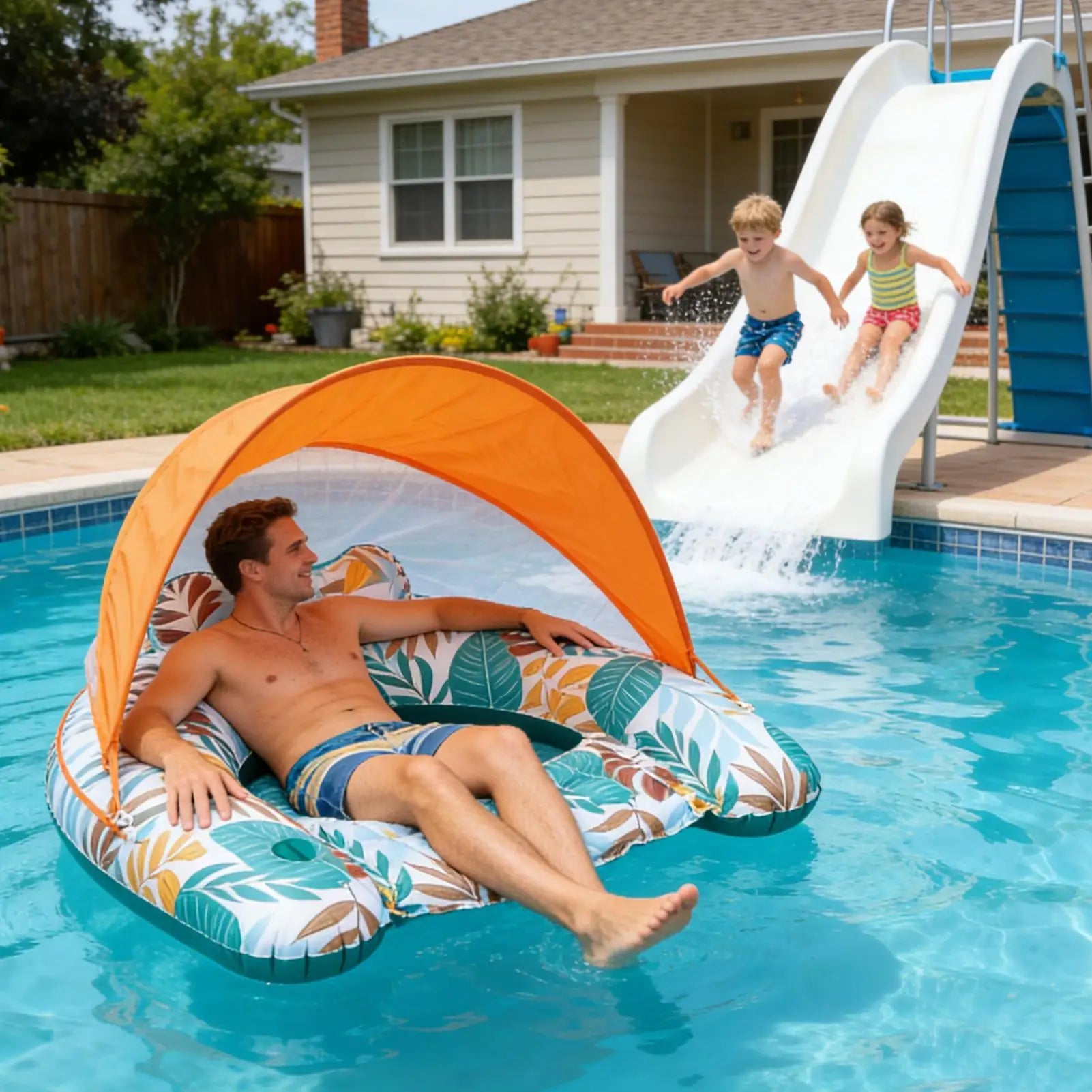 Inflatable Pool Float with Canopy Lounge Chair for Beach & Lake