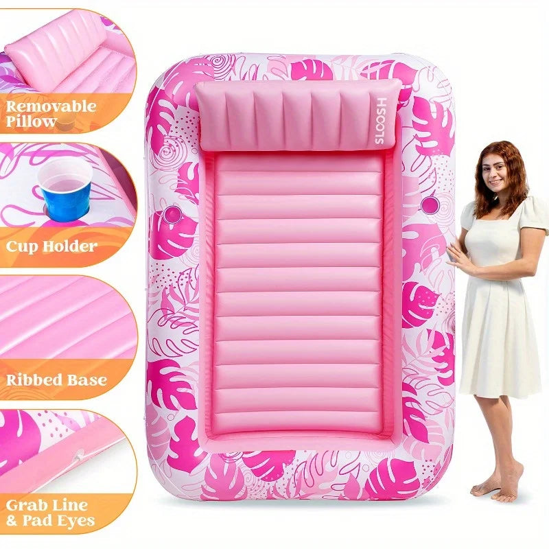 Inflatable Tanning Pool Lounger - Pink PVC Sunbathing Bed for Adults