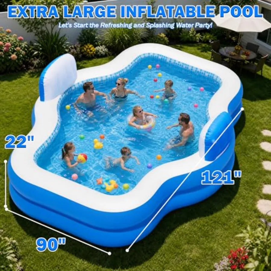 Extra Large Inflatable Family Pool with Seats & Pump for Adults