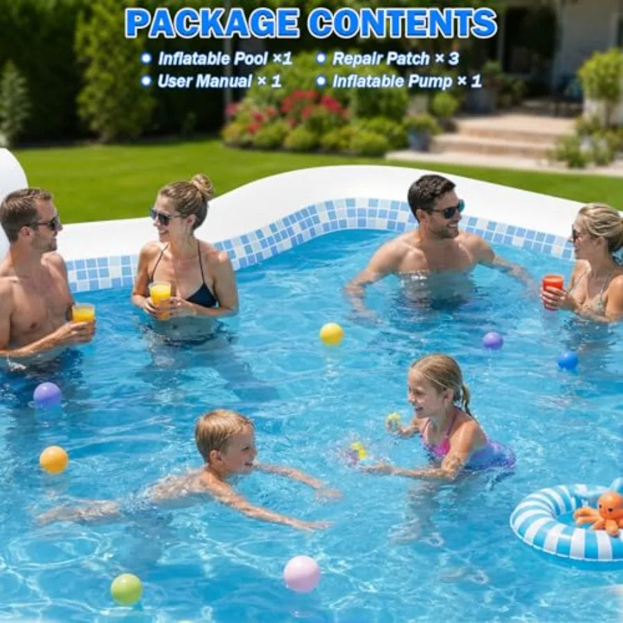 Extra Large Inflatable Family Pool with Seats & Pump for Adults