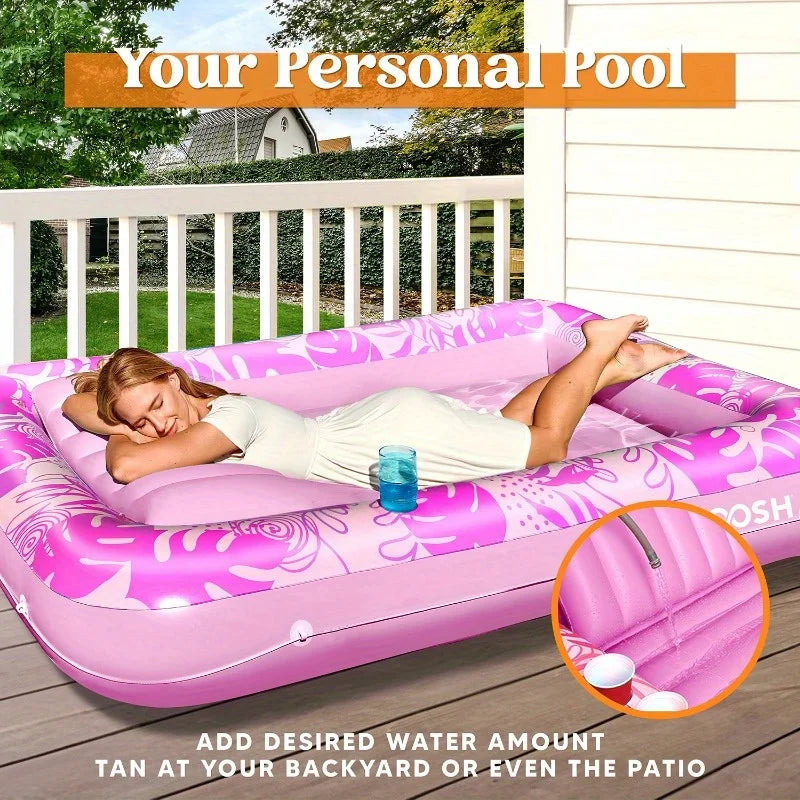 Inflatable Tanning Pool Lounger - Pink PVC Sunbathing Bed for Adults
