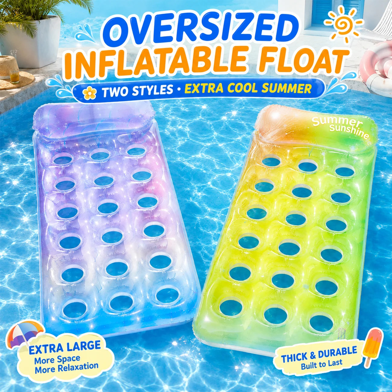 Inflatable Pool Float Lounger - Heavy Duty Adult Mattress with Headrest