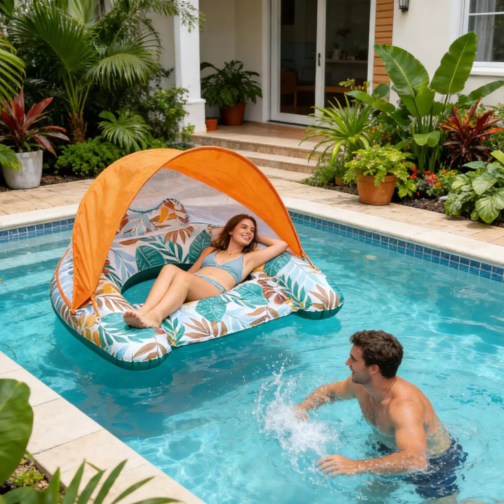 Inflatable Pool Float with Canopy Lounge Chair for Beach & Lake